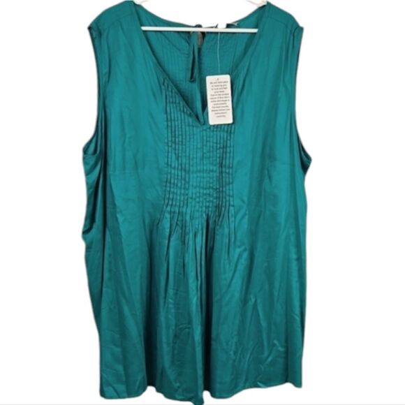 Woman Within Teal Plus Size Sleeveless Notch-Neck Tunic 3X 30/32 Pleated Blouse - Picture 1 of 6